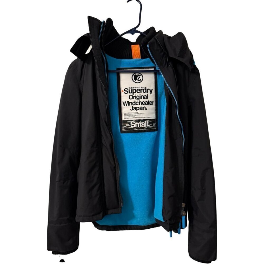 Superdry Windcheater Jacket Black Blue Fleece Lined Hooded Women Small